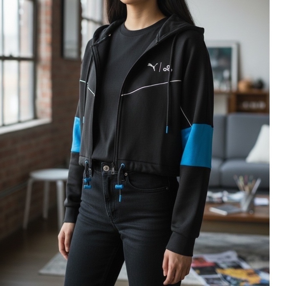 Puma Cloud9 Cropped Zip Up Hoodie Black Blue Women's Size L